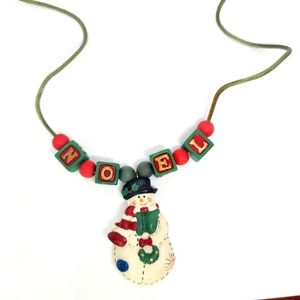 Vintage Americana Folk Art Christmas Noel Snowman Pendant Necklace Painted Bead